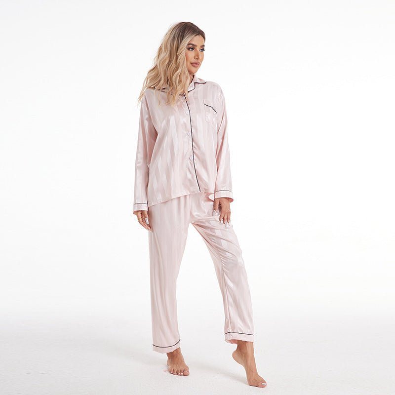 Artificial Silk Bold Stripes Long-sleeved Home Wear European And American Style Pajamas Plus Size