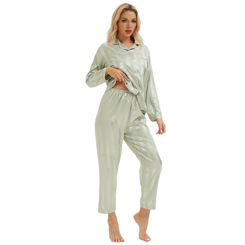 Artificial Silk Bold Stripes Long-sleeved Home Wear European And American Style Pajamas Plus Size
