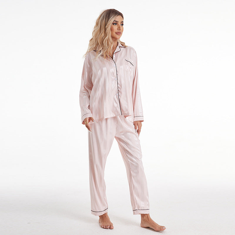 Artificial Silk Bold Stripes Long-sleeved Home Wear European And American Style Pajamas Plus Size